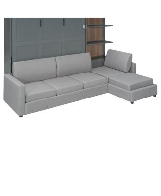 Queen Size Murphy Bed Wall Bed with Sofa and Shelves, Gray