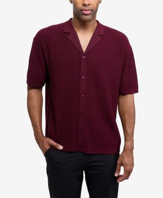 Men's Short Sleeve Vertical Ottoman Camp Collar Button Down Sweater Polo