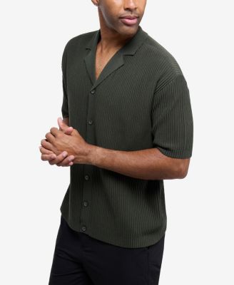 X RAY Men's Short Sleeve Vertical Ottoman Camp Collar Button Down Sweater Polo