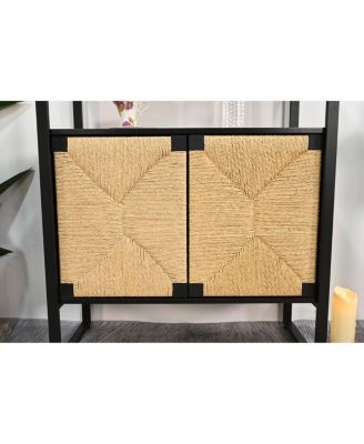 Rattan Cabinet Door Storage Bookshelf with Dual-Function Display/Storage