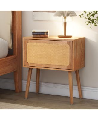 Rotating Hidden Compartment Nightstands, Mid Century Rattan Bedside Table with Flip Drawer and Wood Legs for Living Room, Bedroom