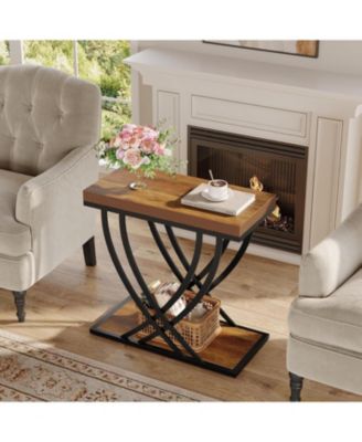 Side Table, 2-Tier Narrow End Table for Living Room, Industrial Nightstand with Metal Frame, Small Bedside Tables