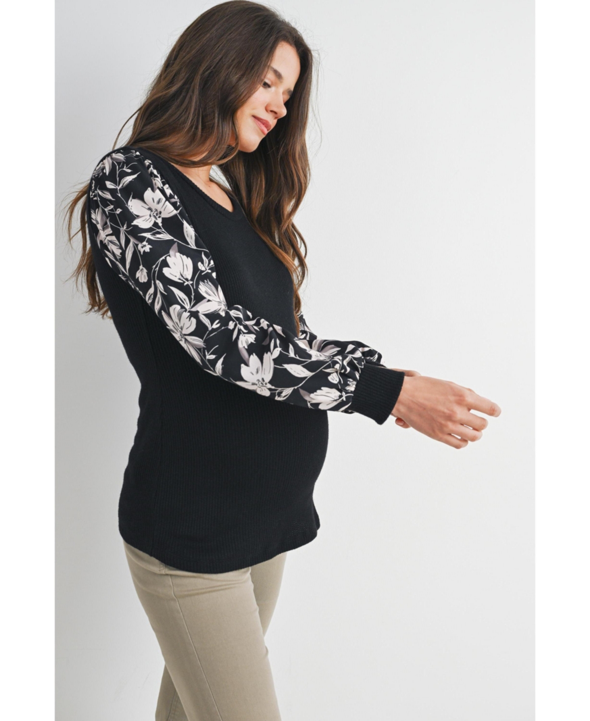 Hello Miz Maternity Ribbed Scoop Neck Floral Puff Sleeve Top