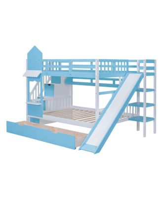  Full-Over-Full Castle Style Bunk Bed with 2 Drawers 3 Shelves and Slide