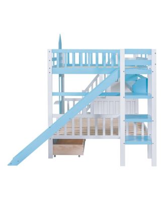  Full-Over-Full Castle Style Bunk Bed with 2 Drawers 3 Shelves and Slide
