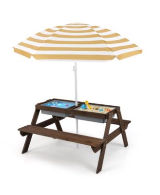 3-in-1 Kids Picnic Table Wooden Outdoor Sand & Water Table with Umbrella Play Boxes