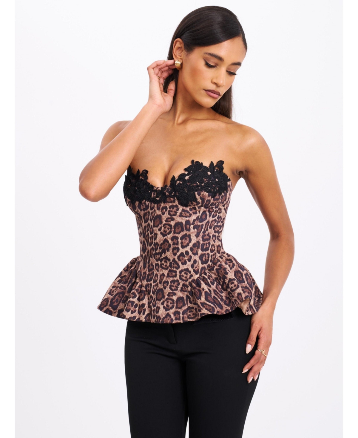 Miss Circle Women's Qiara Cheetah Print Peplum Top with Lace Trim