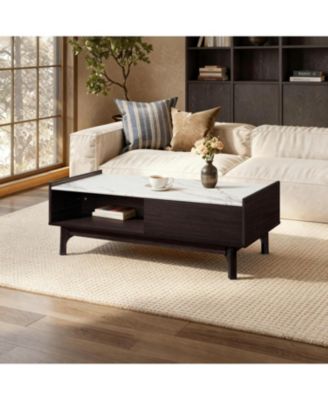 Modi Wenge Coffee Table with 1 Door, Open Storage & Raised Sides, Faux Marble Top, Manufactured Wood