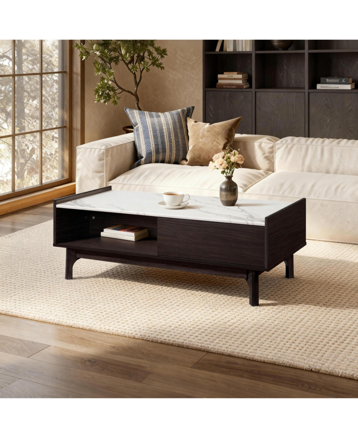 LuxenHome Modi Wenge Coffee Table with 1 Door, Open Storage & Raised Sides, Faux Marble Top, Manufactured Wood