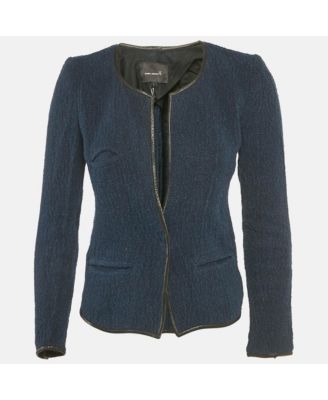 Women's Blue Leather Trim Tweed Jacket