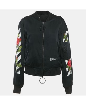 Women's Black Rose And Arrow Embroidered Satin Bomber Jacket