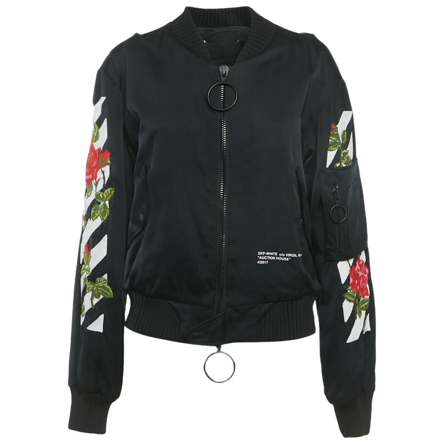 Women's Black Rose And Arrow Embroidered Satin Bomber Jacket