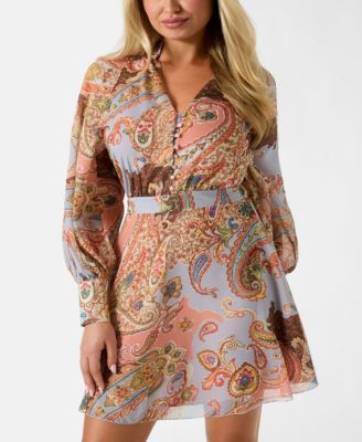 Women's Long-Sleeve Paisley V-Neck Short Dress