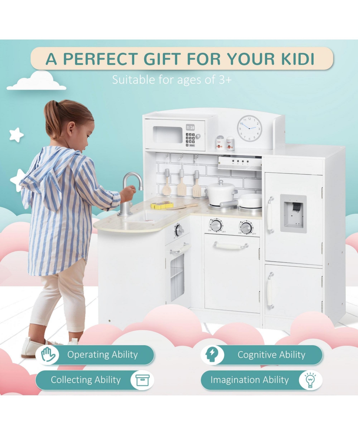 Corner Kids Play Kitchen Set with Detachable Refrigerator Sink and Fourteen Accessories for Ages Three and Up
