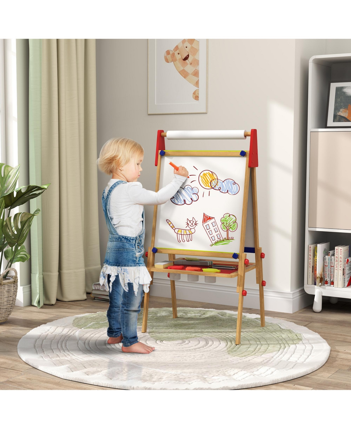 Hongge Kids 3 in 1 Art Easel with Whiteboard Chalkboard Paper Roll Adjustable Height for Ages 3 to 8