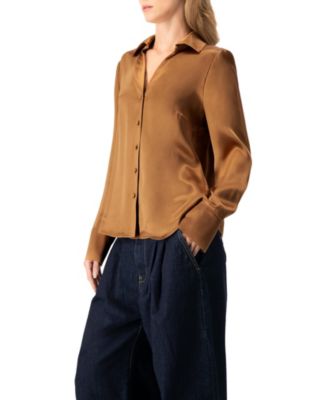 Women's Solid Long Sleeve Satin Shirt