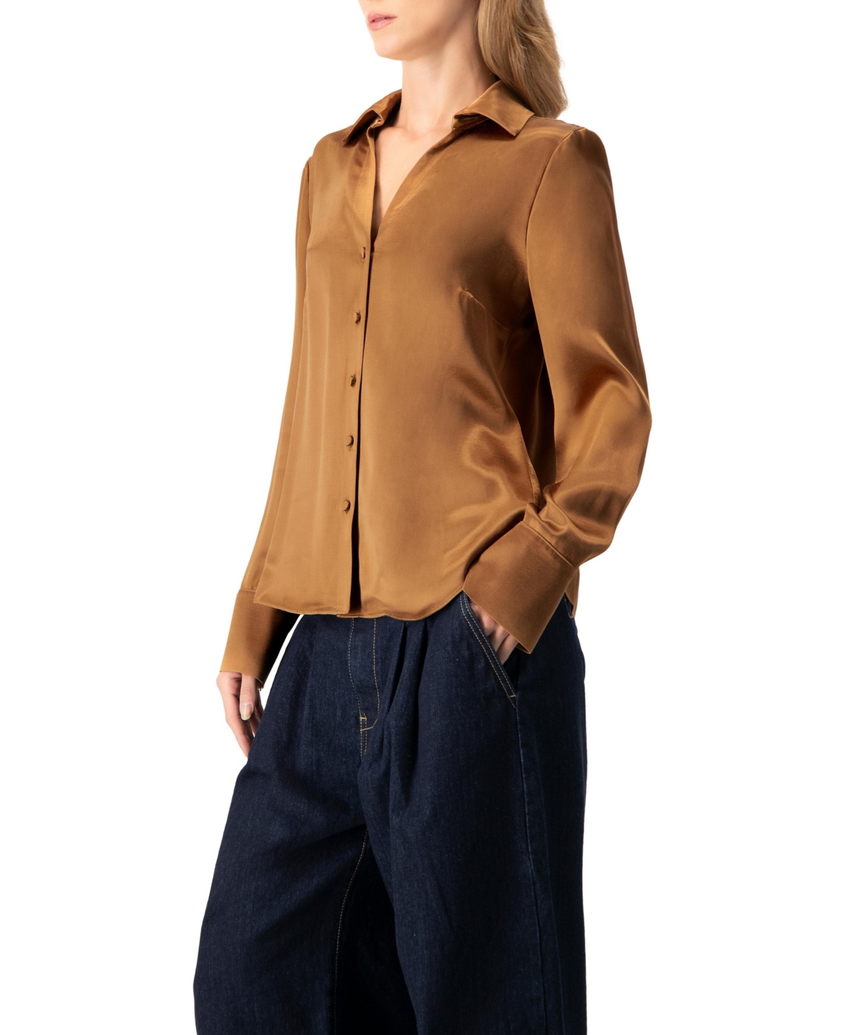 Ivonne Women's Solid Long Sleeve Satin Shirt