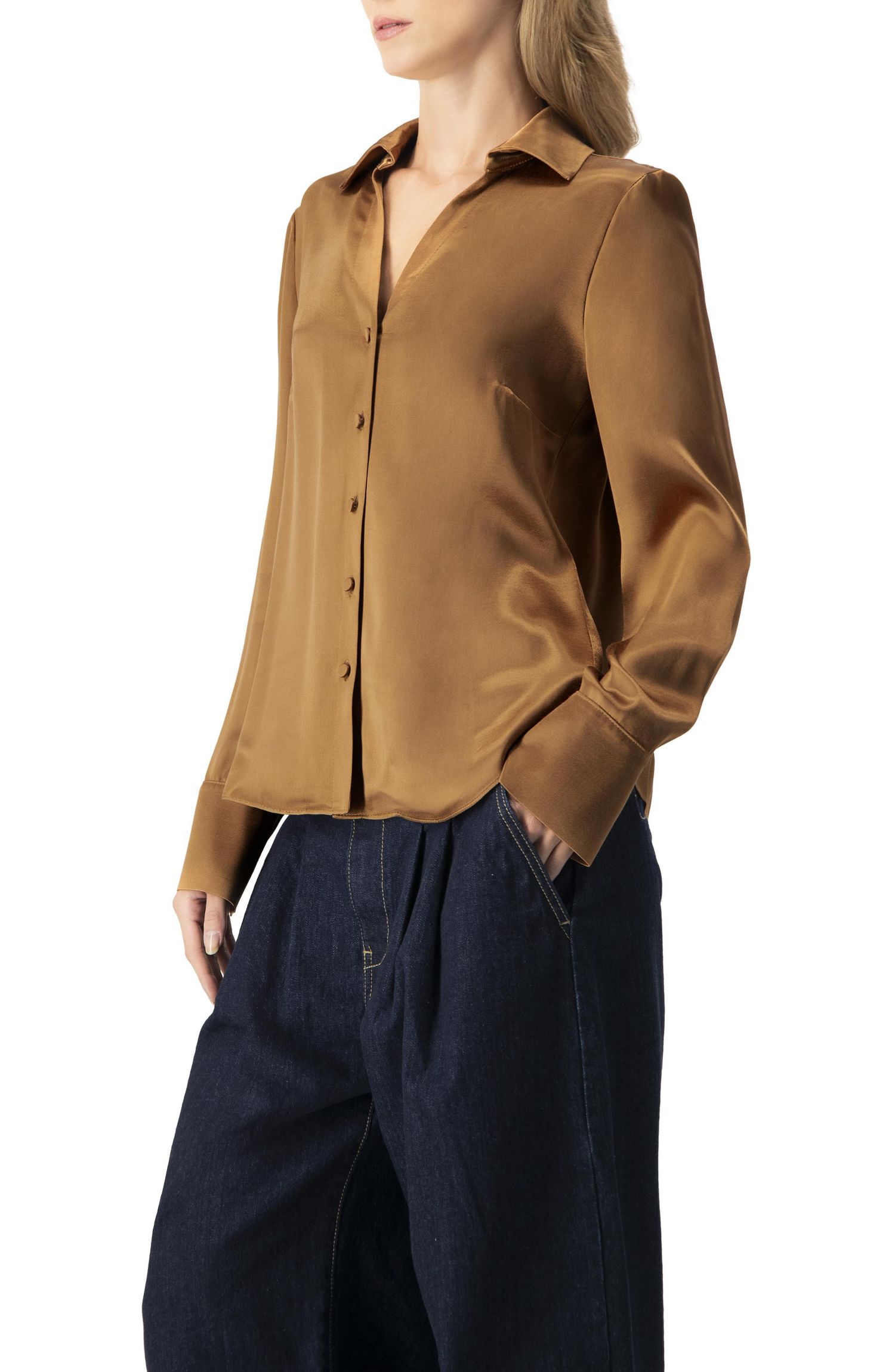 Women's Solid Long Sleeve Satin Shirt