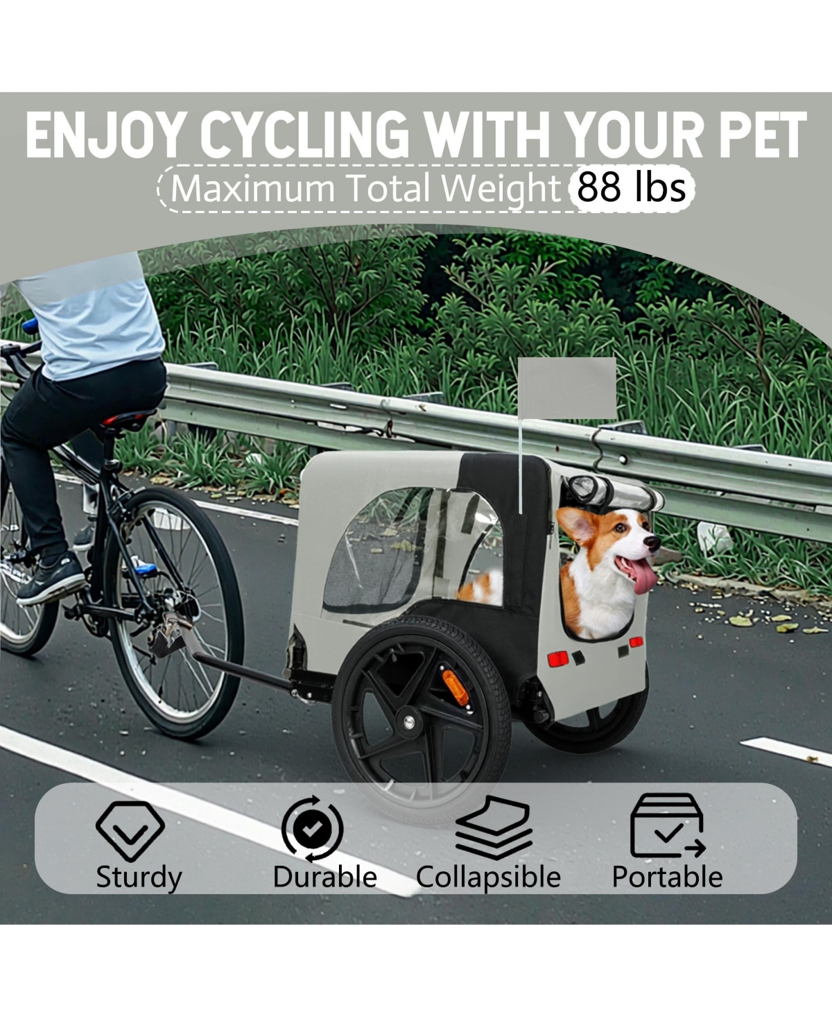 Zeus & Ruta Black+Dark Gray Outdoor Heavy Duty Collapsible Kitten Bike Trailer