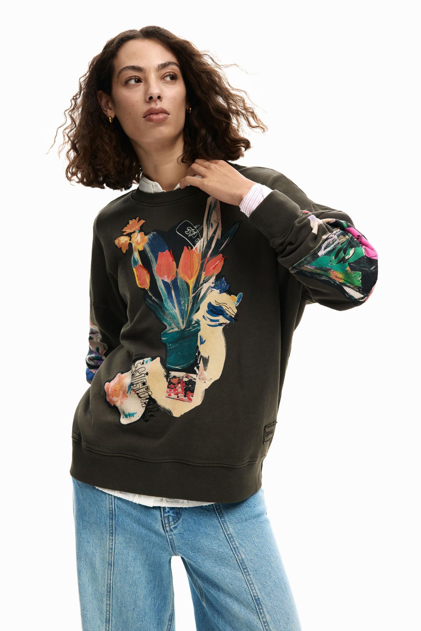 Женская толстовка Desigual Sweatshirt collage drawing, цвет: Тёмный серый — фото 1