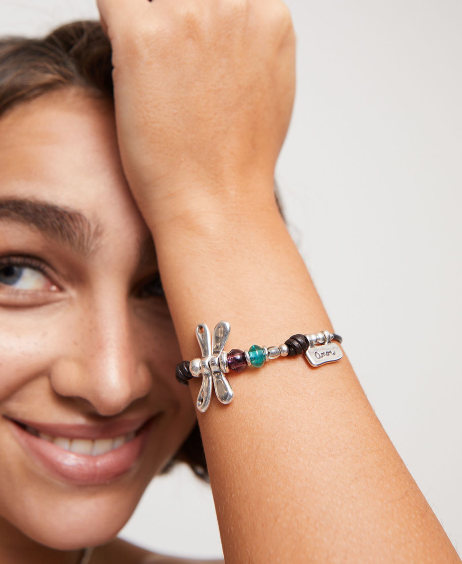 Leather Bracelet featuring a Dragonfly Plated in Sterling Silver and Multicolored Crystals