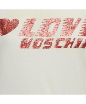 Women's White Glitter Logo Printed Cotton Knit T-Shirt