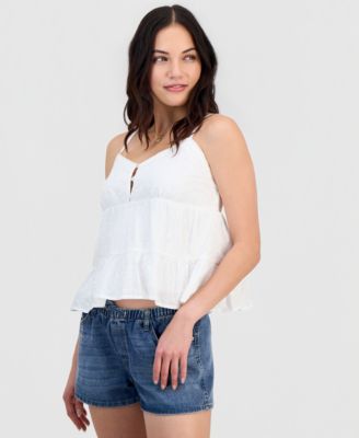 Juniors' V-Neck Cotton Eyelet Babydoll Tiered Top 