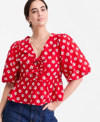 Women's  Puff-Sleeve Tie-Front Peplum Blouse