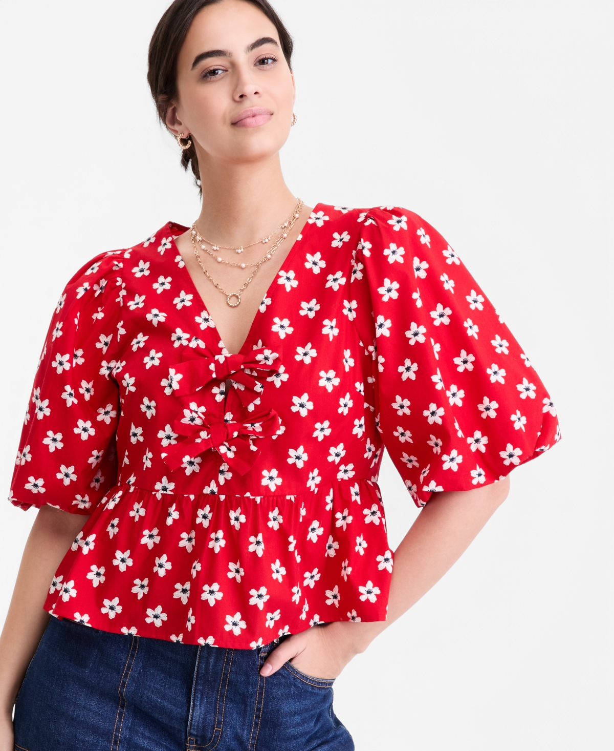 On 34th Women's Puff-Sleeve Tie-Front Peplum Blouse, Macy's Exclusive