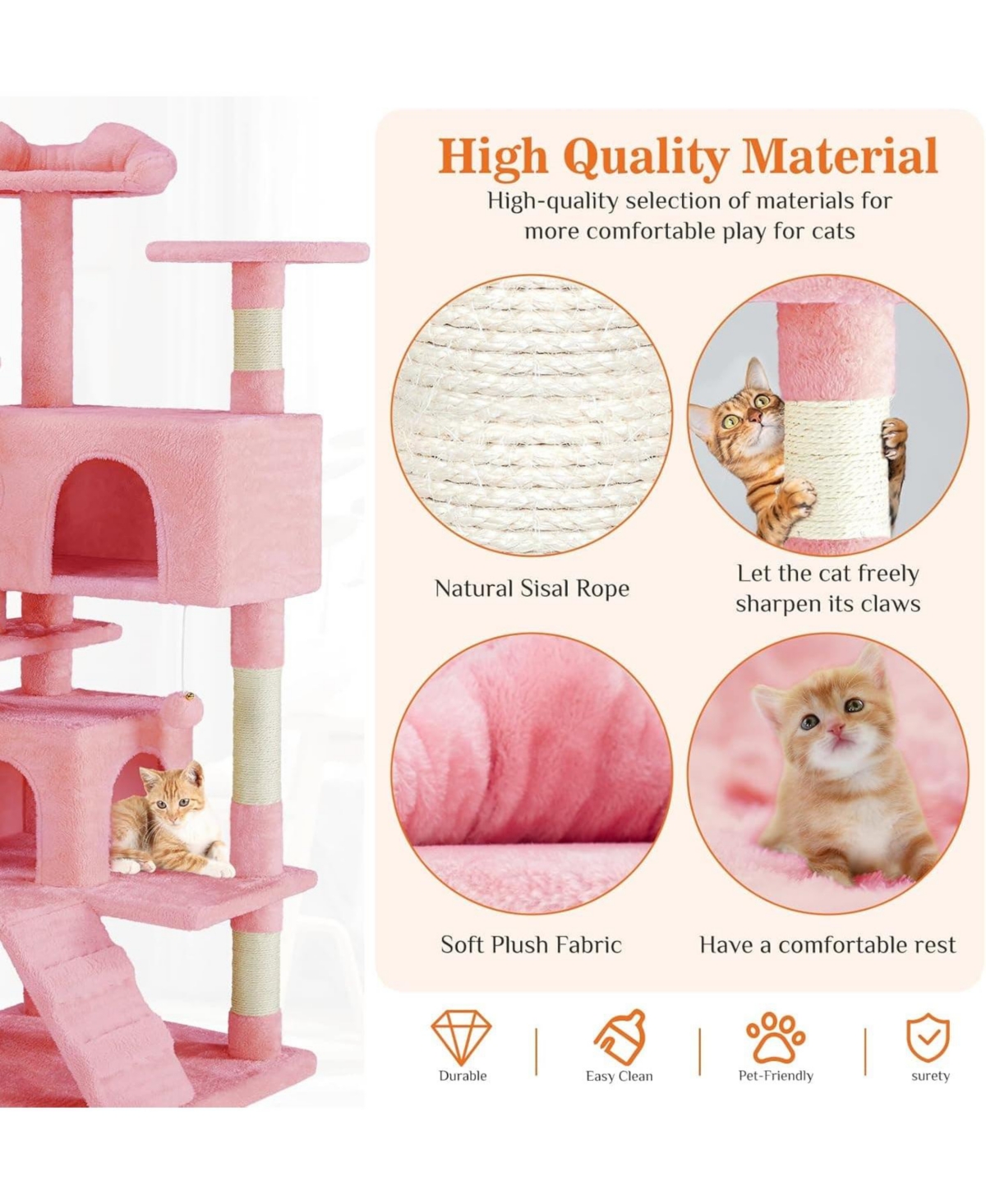 Zeus & Ruta 54" Pink Cat Tree Tower: Multi-Level, Sisal Post, Ladder, Plush Toys, Rest & Play