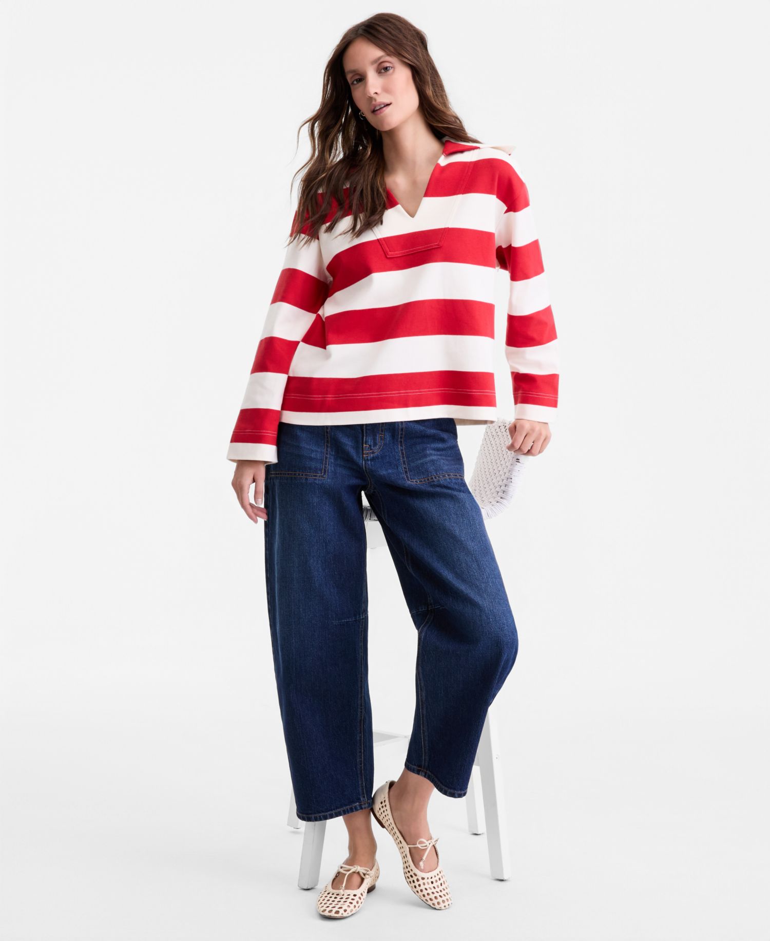 Women's Striped Interlock Knit Sailor Collar Top