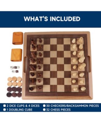 16" Deluxe 3-in-1 Wooden Folding Chess Checker and Backgammon Board Game Combo Set for Kids & Adults