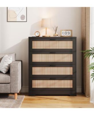 4 Drawer Dresser for Bedroom, Rattan Chest of Dressers, Modern Wood Tall Dresser with Power Outlets, Drawer Organizer Unit