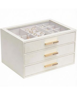 3 Layer Leather Jewelry Box with Clear Lid and Gold Hardware