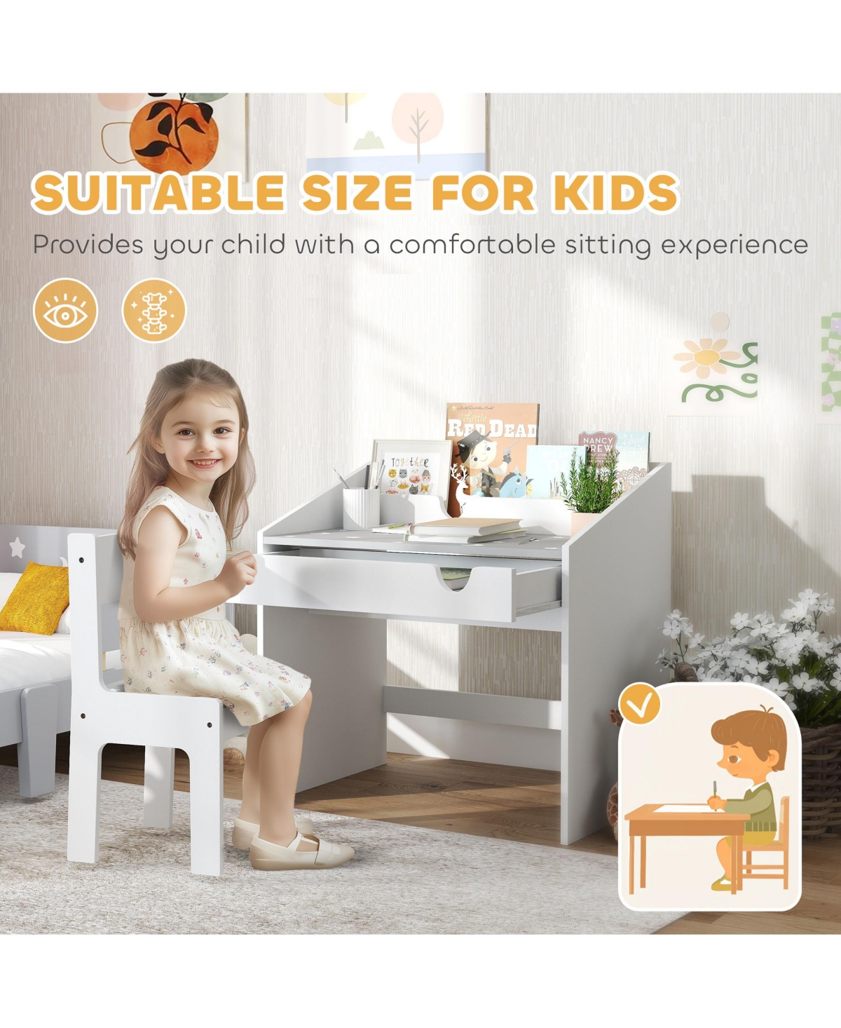 Hongge Kids Desk and Chair Set with Storage Organizer for Ages Three and Up