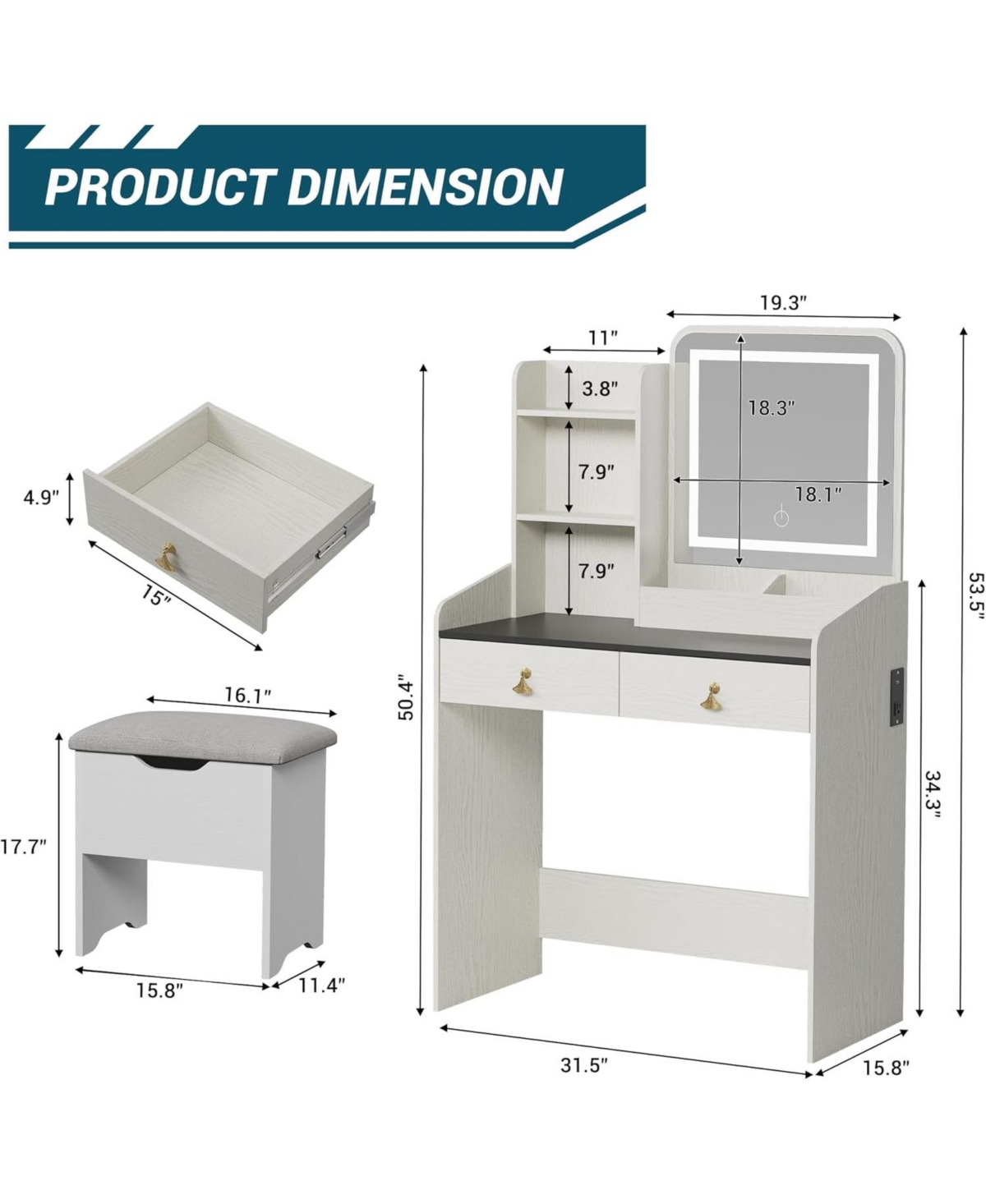 Gaomon Vanity Desk Mirror Lights and Charging Station Modern Vanity Set for Bedrooms, Apartments, Easy to Assemble