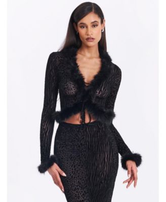 Women's Hali Black Animal Print Burnout Velvet Fur Trim Top