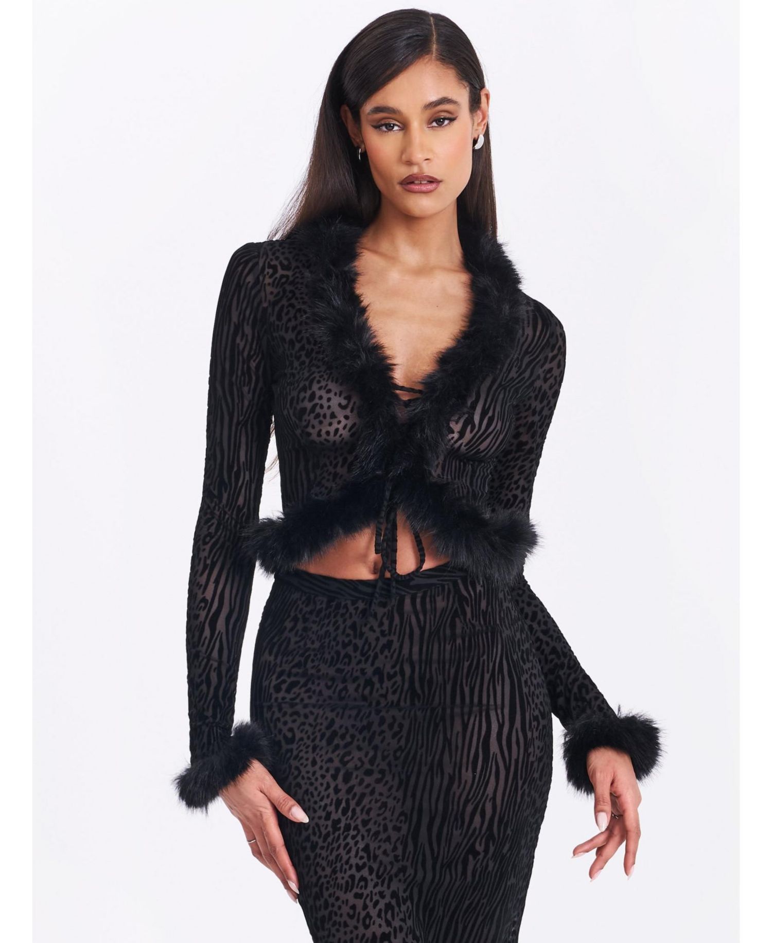 Women's Hali Black Animal Print Burnout Velvet Fur Trim Top