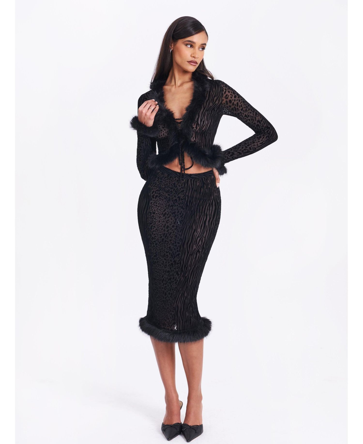 Women's Halia Black Animal Print Burnout Velvet Faux Fur Trim Skirt