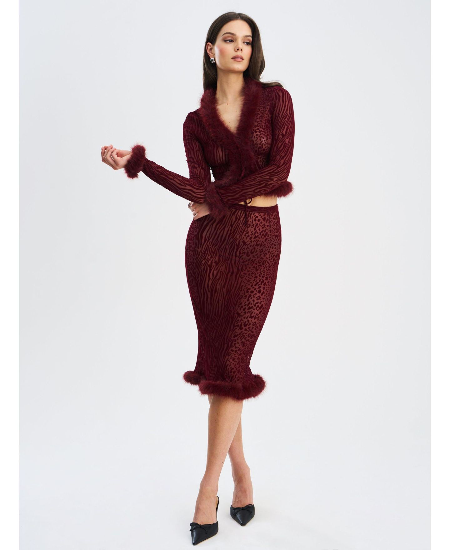 Женская юбка Miss Circle Halia Burgundy Animal Print Burnout Velvet Fur Trim — фото 3
