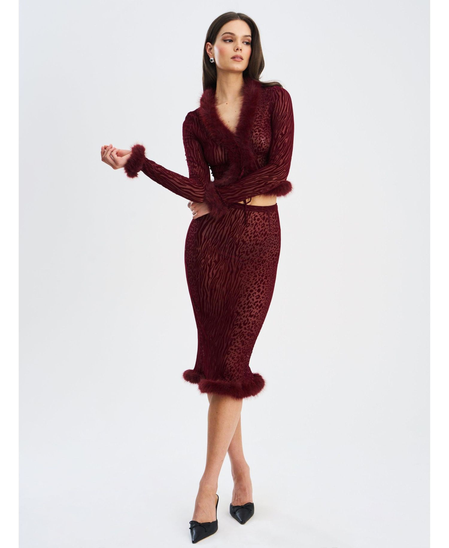 Women's Halia Burgundy Animal Print Burnout Velvet Faux Fur Trim Skirt