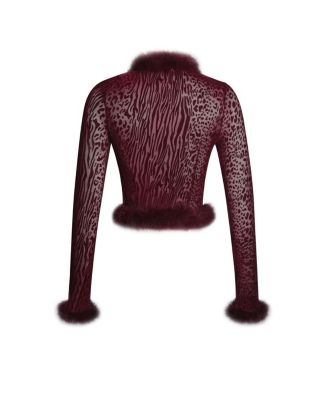 Women's Hali Burgundy Animal Print Burnout Velvet Fur Trim Top