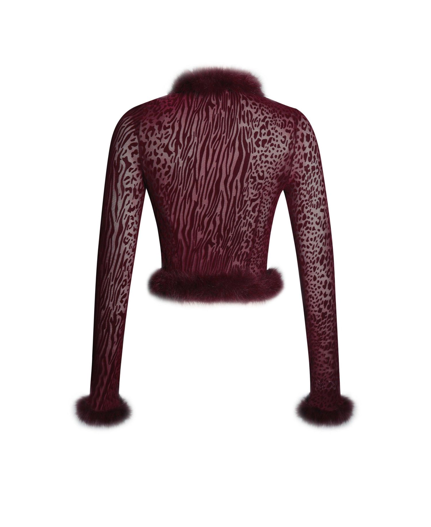 Women's Hali Burgundy Animal Print Burnout Velvet Fur Trim Top