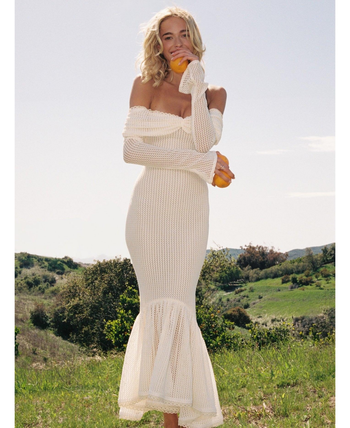 Miss Circle Women's Kaedyn Off Shoulder Long Sleeve Crochet Mermaid Maxi Dress