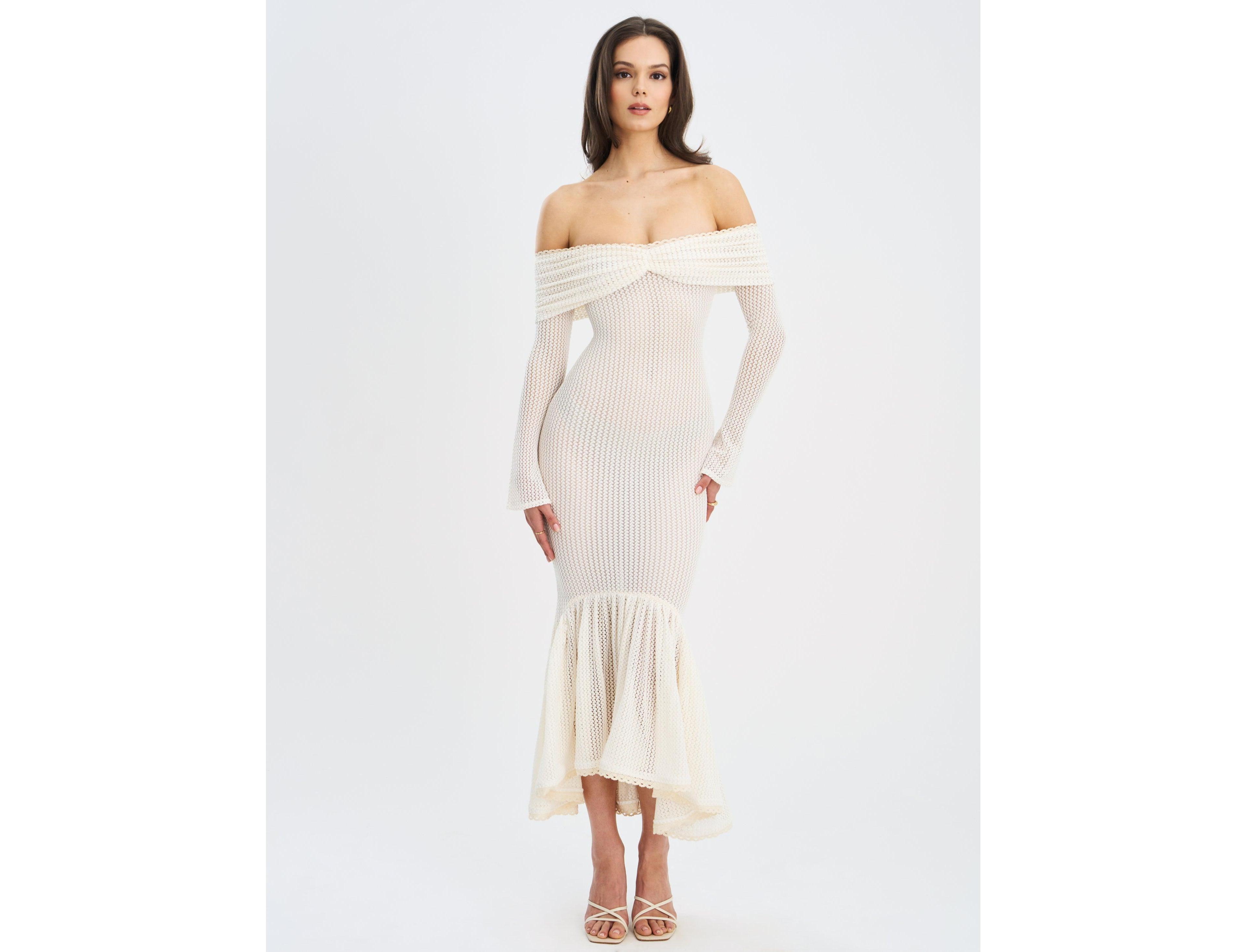 Miss Circle Women's Kaedyn Off Shoulder Long Sleeve Crochet Mermaid Maxi Dress