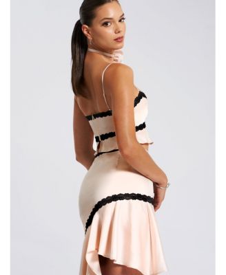 Women's Yahvi Beige Lace Trim Satin Skirt