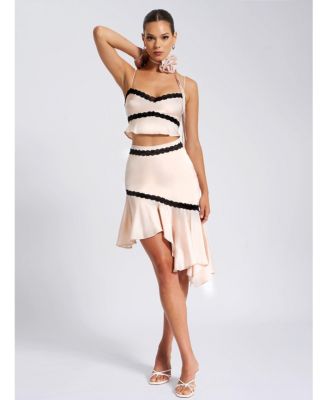 Women's Yareli Beige Lace Trim Satin Strappy Top