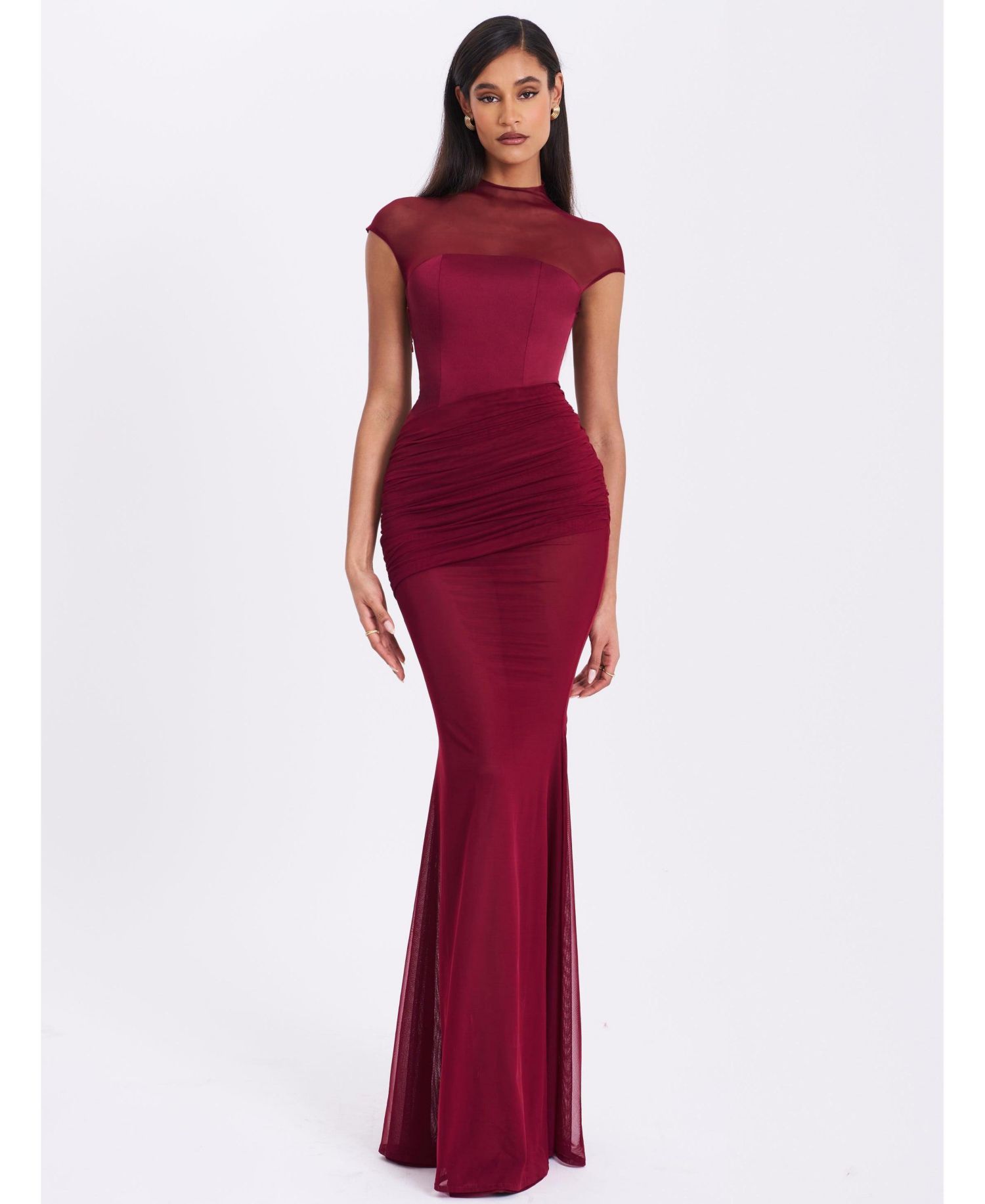 Women's Fabienne Burgundy Mesh Cap Sleeve Mermaid Gown