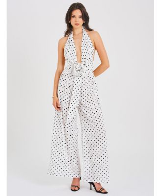 Women's Oriana White Polka Dots Halter Jumpsuit