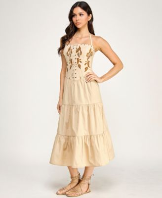 Juniors' Embroidered Lace Up Halter Neck Corset With Nail Heads Skirt